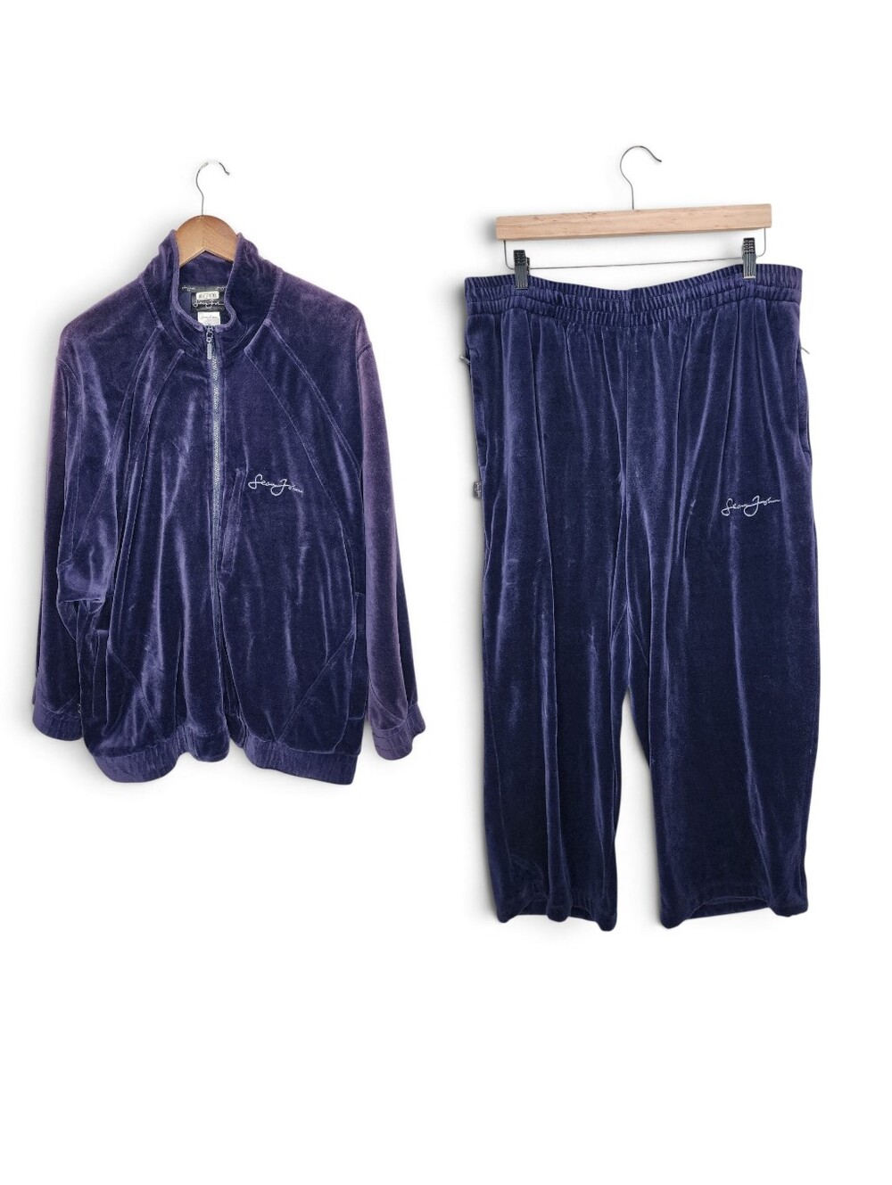 Sean Jean Y2K 90s Vintage Set Velour Cropped Pants and Jacket in Blue Size L